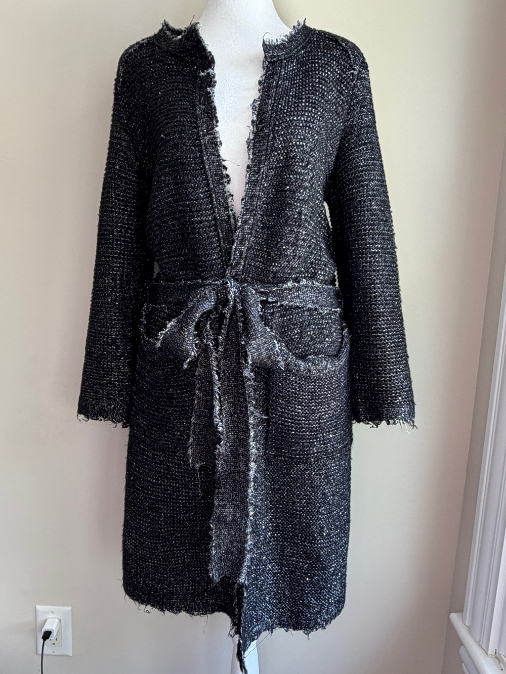 Zara Knit Women's Medium Textured Black Tweed Long Open Cardigan with Tie